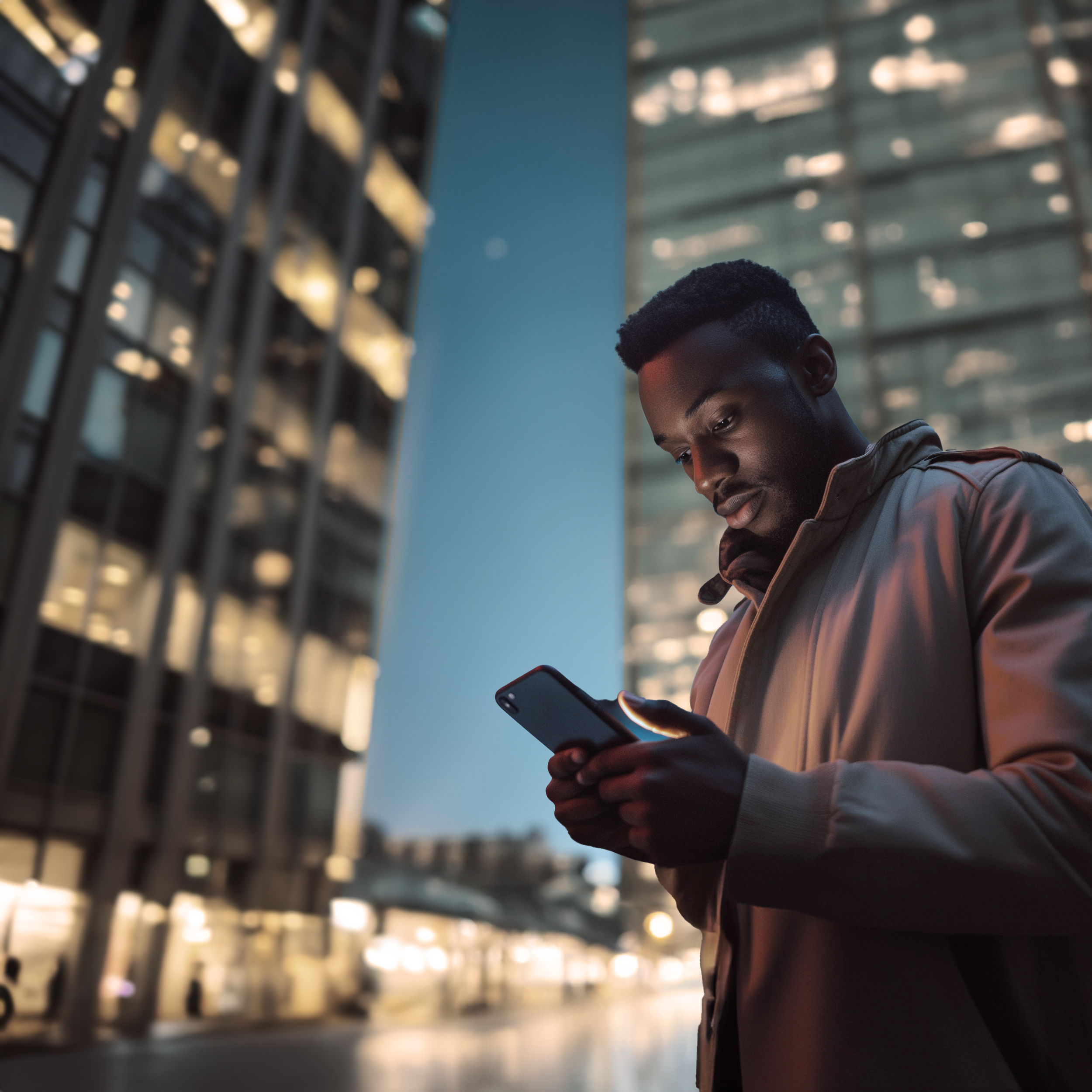 Férfi kivilágított épületek között