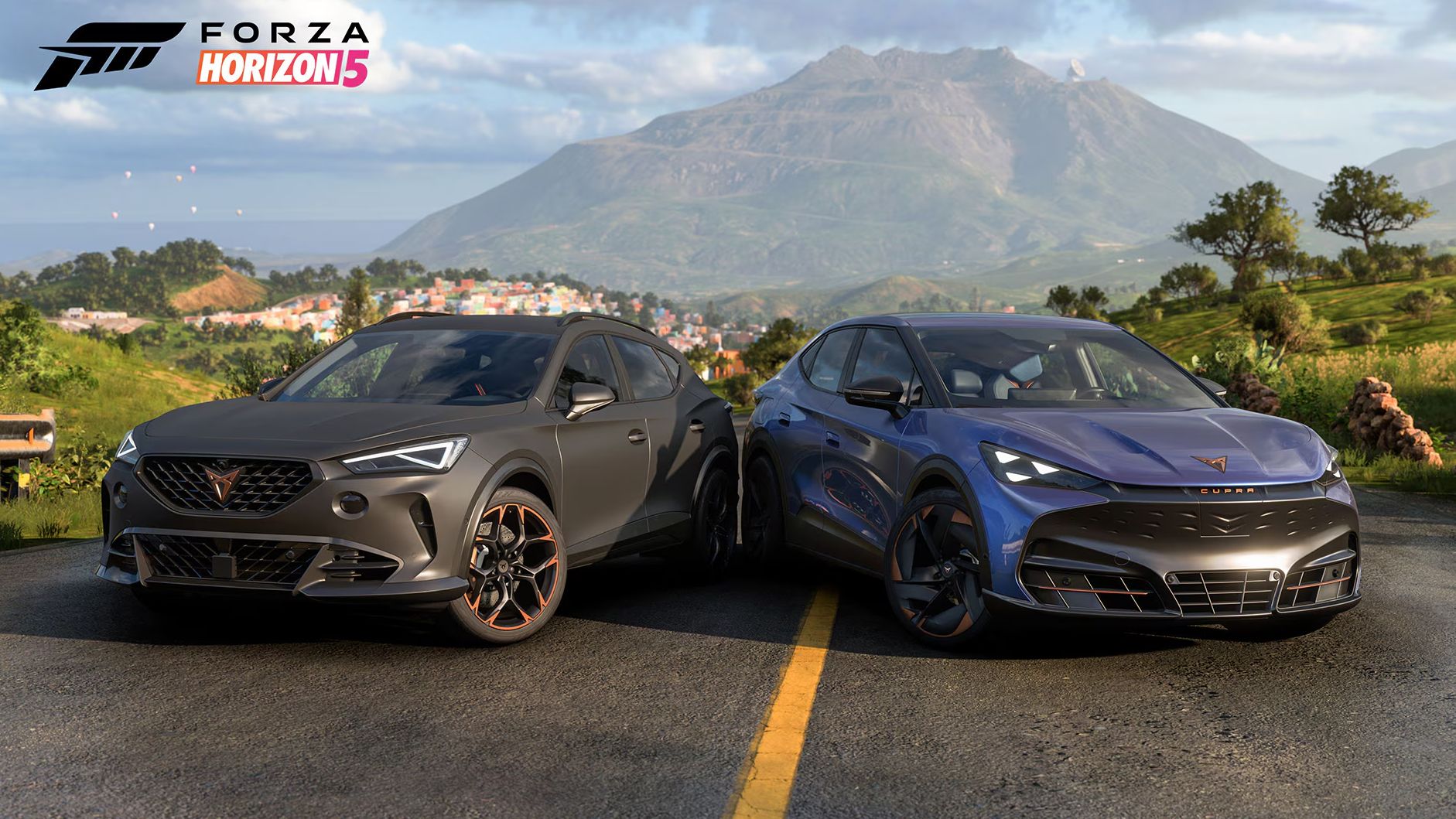 Forza Horizon 5 felirattal egy plakát amin 2 cupra modell áll egymás mellett