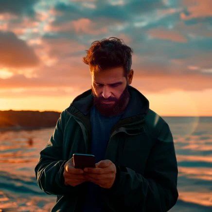 Férfi egy naplementés tengerparton telefonnal a kezében