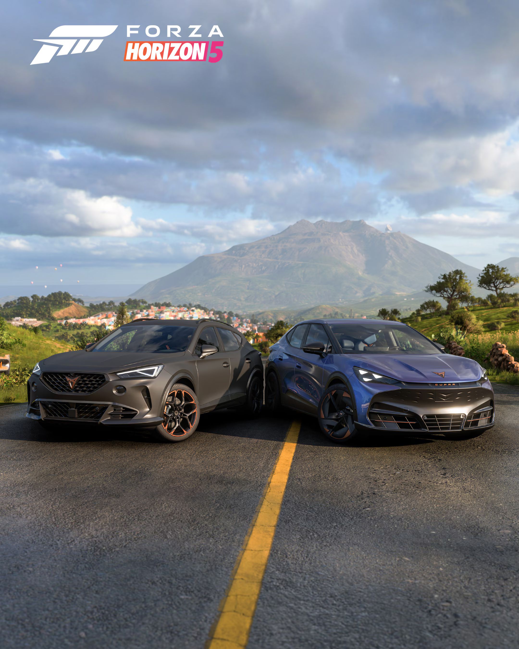 Forza Horizon 5 felirattal egy plakát amin 2 cupra modell áll egymás mellett
